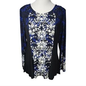Style & Co Large Blue Black White Floral Women's Top with Embellishment As Is